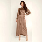 Women Satin Fabric Dubai Long Dress Satin Long Sleeve Slim Waist Lace up Belt Middle East Women's Clothes Casual Maxi Dress