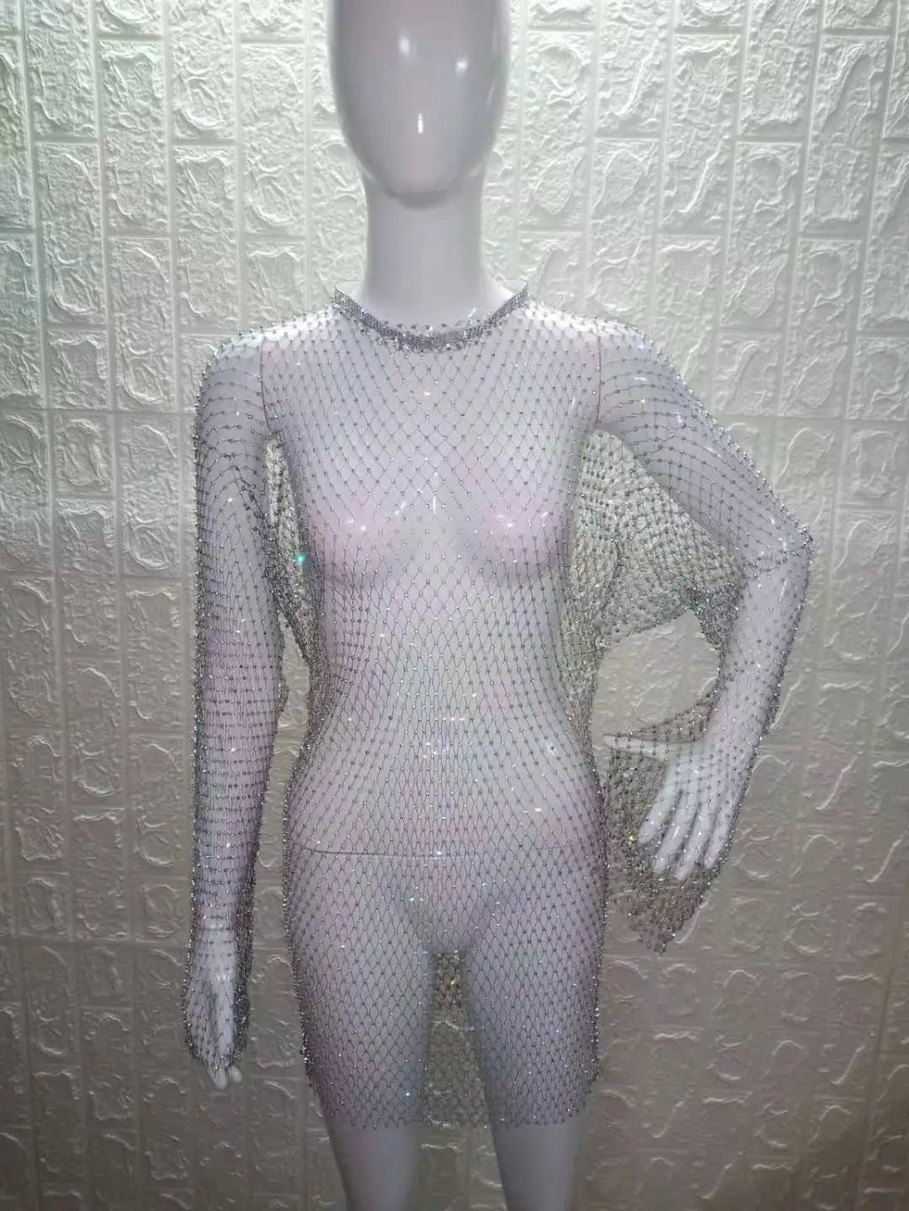 Beach Holiday Hollow Out Women's Clothes Hot-Selling Long Sleeve Mesh Rhinestone Round Neck Dress