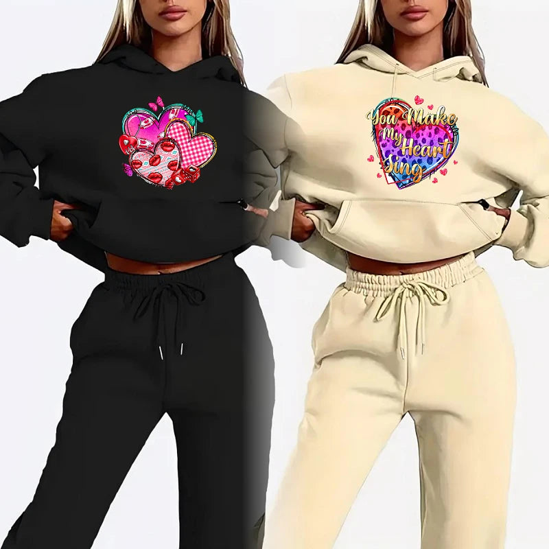 New Arrival Fashion Sweatshirt Women's Clothes Valentine's Day Print Sports Ladies Hoodie Women Two Piece Pants Sets