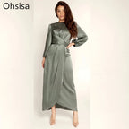 Women Satin Fabric Dubai Long Dress Satin Long Sleeve Slim Waist Lace up Belt Middle East Women's Clothes Casual Maxi Dress