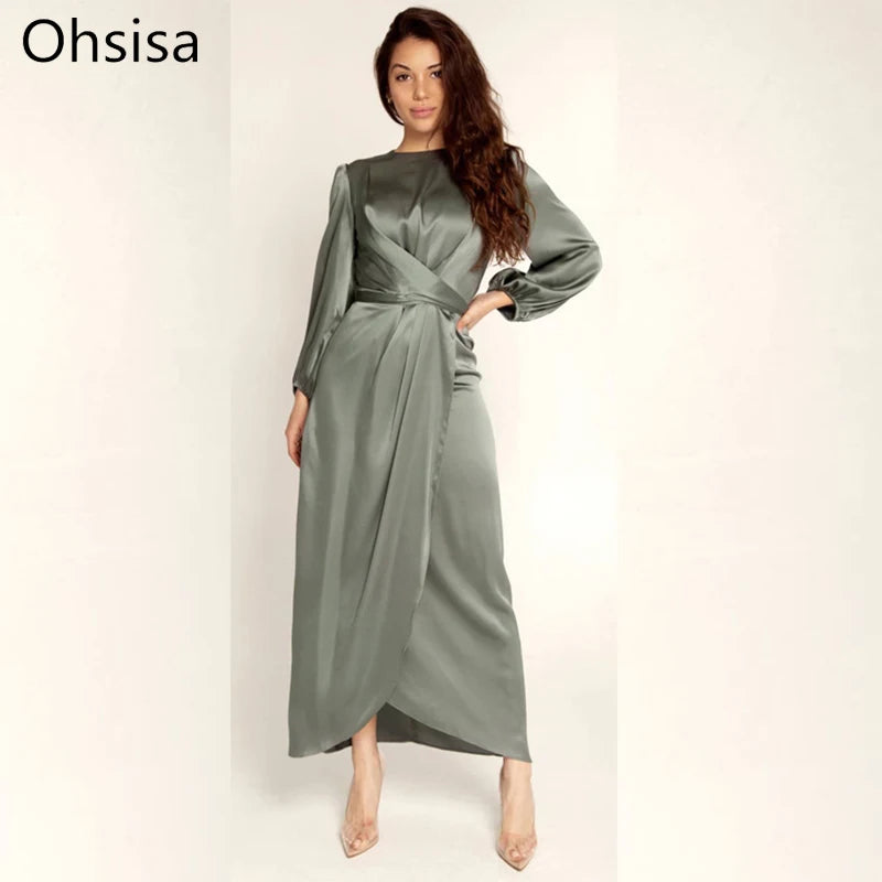 Women Satin Fabric Dubai Long Dress Satin Long Sleeve Slim Waist Lace up Belt Middle East Women's Clothes Casual Maxi Dress