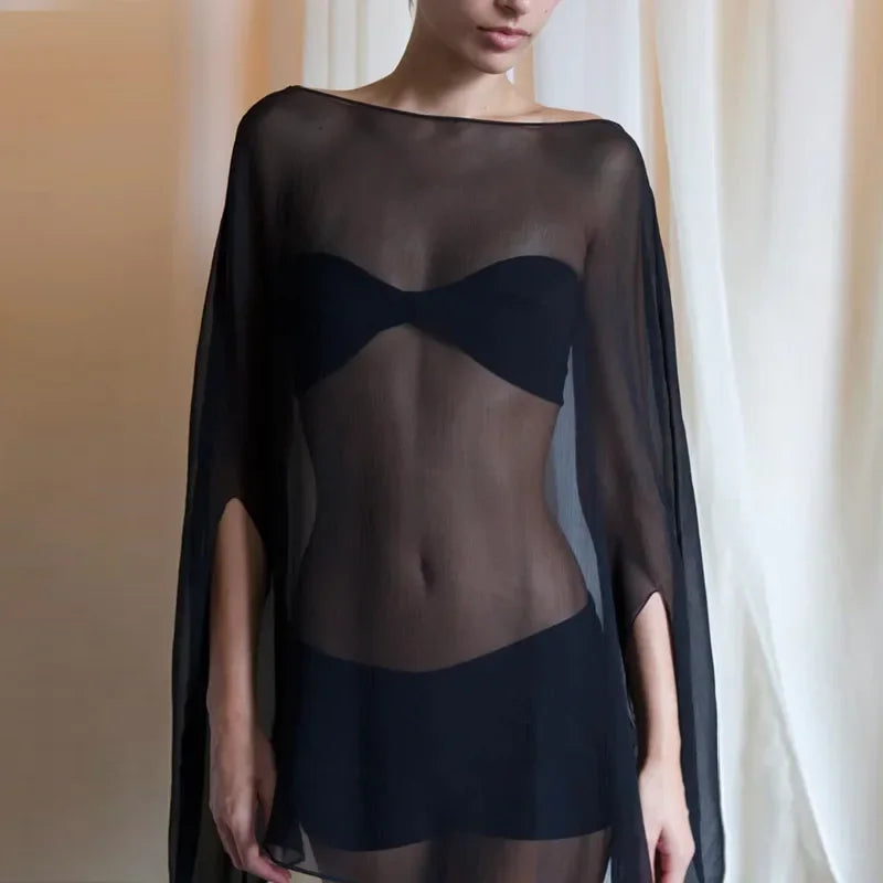 Woman Clothes See-through Chiffon Blouses Sexy Fashion Solid Cover-ups Ladies Elegant Night Club Tops White Black Streetwear