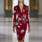 Woman Clothes Dresses 2025 Spring Floral Print Bodycon Elegant Evening Dress Autumn Long Sleeve Turn-down Collar Commute Dresses