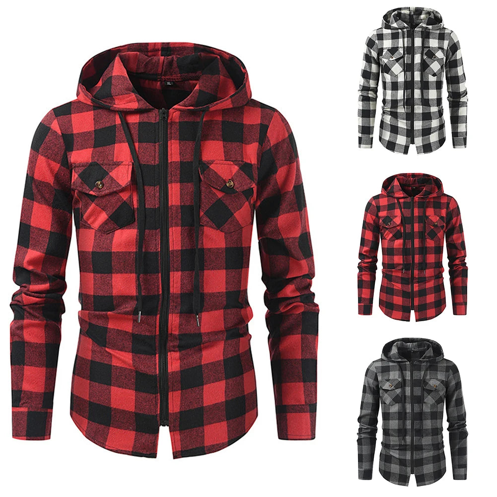 Mans Clothes Shirt Fashion Mens Hooded Lined thin Jacket Long Sleeve Lumberjack Padded Shirt Work Shirt Plaid