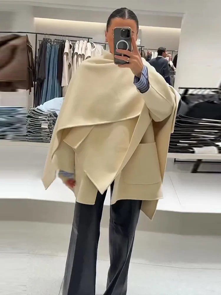 Wool Blended Cloak Coats For Women Loose Jackets Asymmetric Style Fashion Tops Chic  Outwear Autumn Woman High Street Clothes