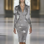 Woman Clothes Dresses 2025 Spring Floral Print Bodycon Elegant Evening Dress Autumn Long Sleeve Turn-down Collar Commute Dresses