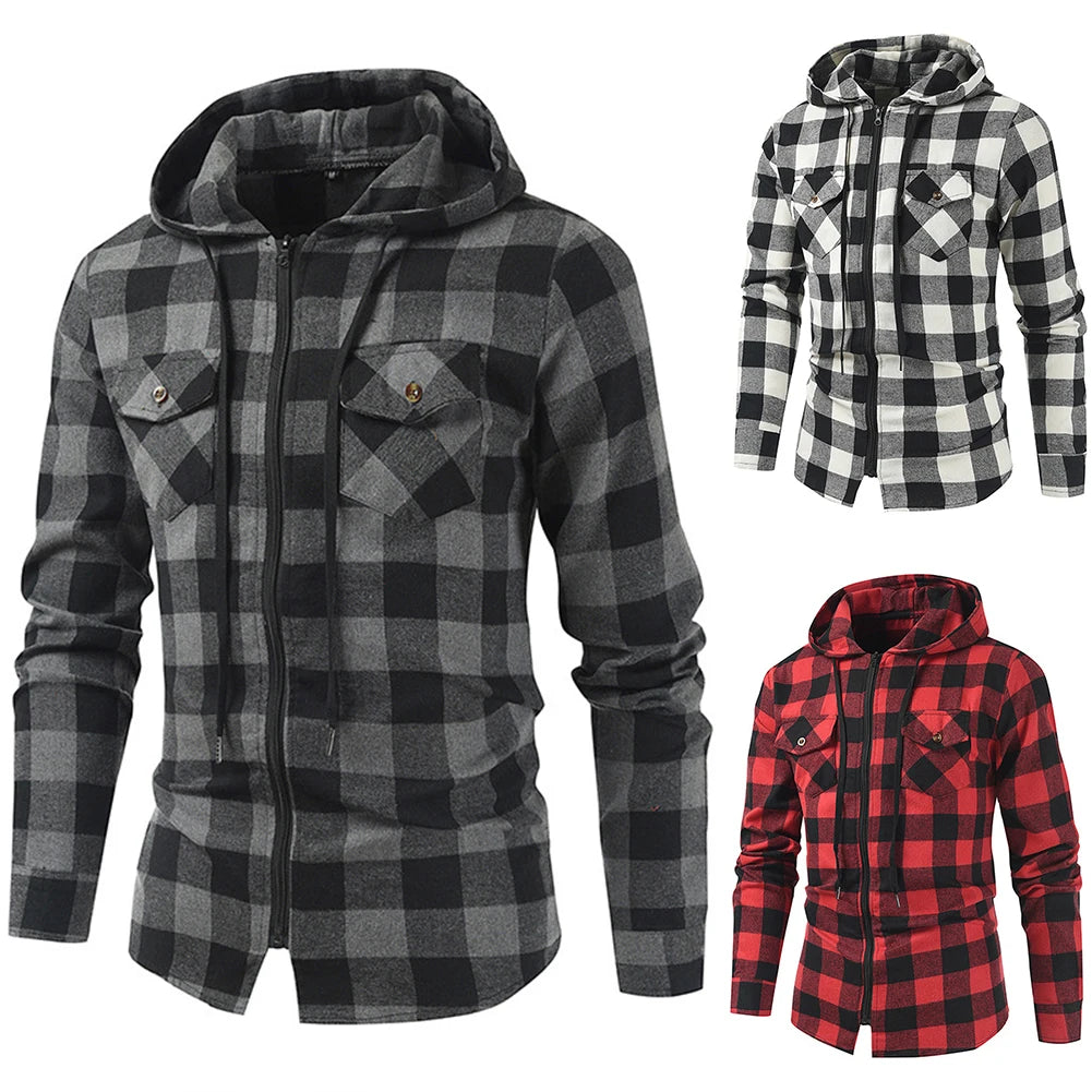 Mans Clothes Shirt Fashion Mens Hooded Lined thin Jacket Long Sleeve Lumberjack Padded Shirt Work Shirt Plaid