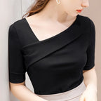 Woman's Clothing Basic T-Shirts Tops Lady Slim Short Sleeve Skew Collar Sheath Blouse Tops SS055