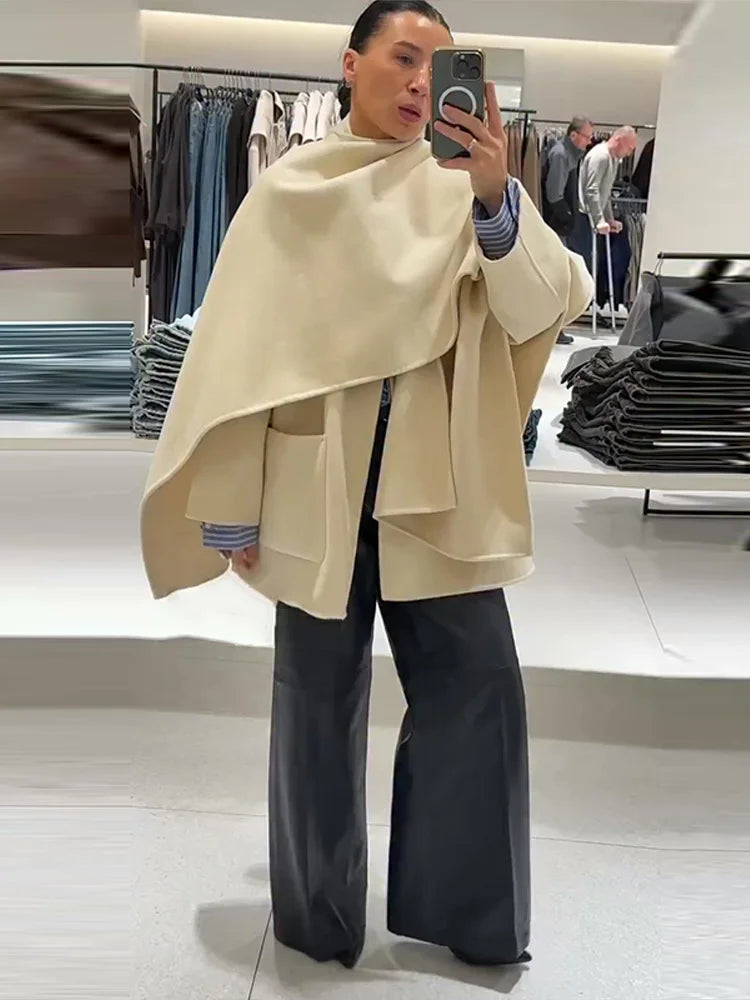 Wool Blended Cloak Coats For Women Loose Jackets Asymmetric Style Fashion Tops Chic  Outwear Autumn Woman High Street Clothes