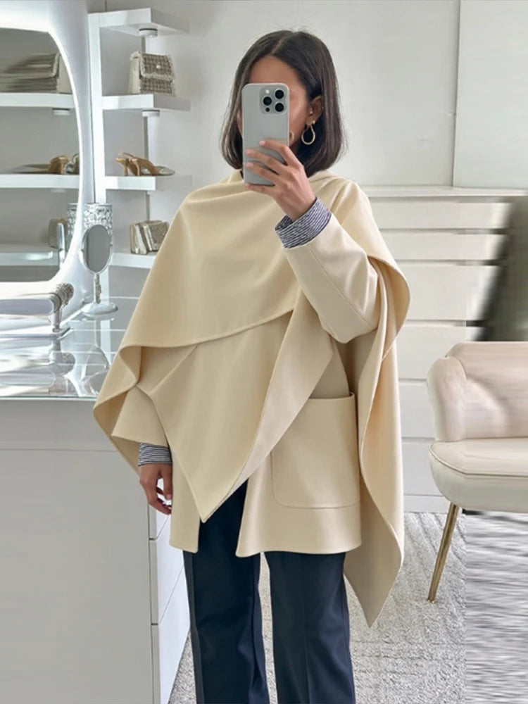 Wool Blended Cloak Coats For Women Loose Jackets Asymmetric Style Fashion Tops Chic  Outwear Autumn Woman High Street Clothes