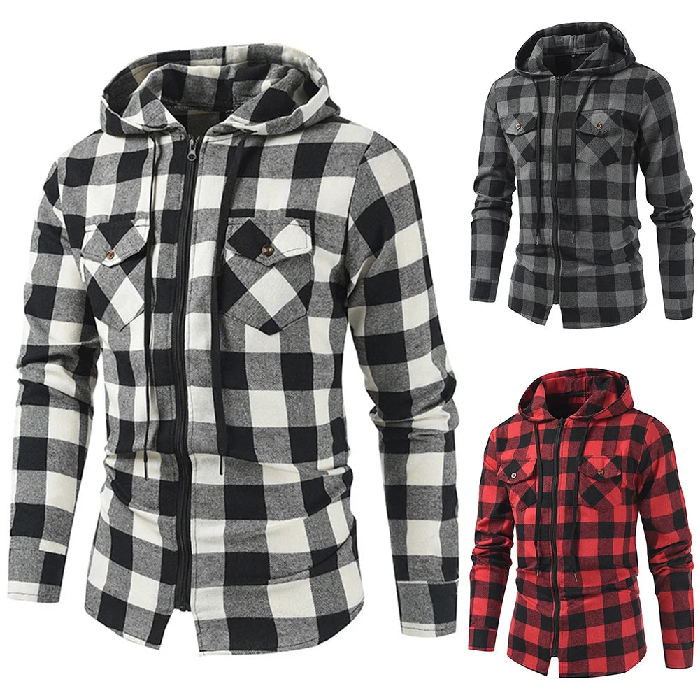 Mans Clothes Shirt Fashion Mens Hooded Lined thin Jacket Long Sleeve Lumberjack Padded Shirt Work Shirt Plaid