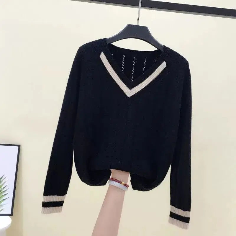 Woman Clothes Black V Neck Sweater Contrast Color Trim on Collar Cuffs Ideal for Casual Outings Office Days Trendy Layering