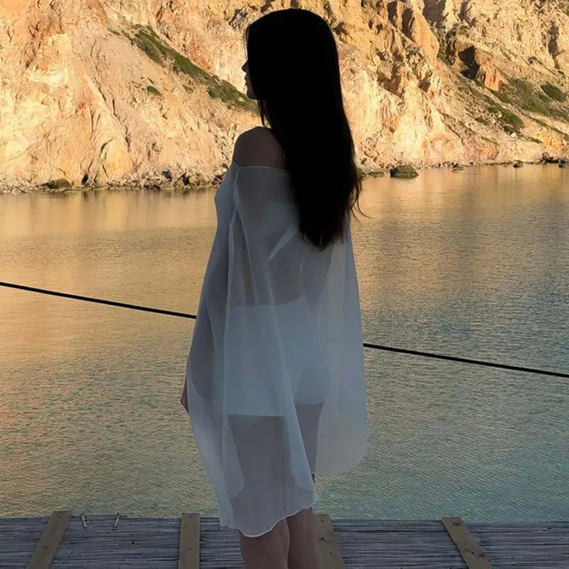 Woman Clothes See-through Chiffon Blouses Sexy Fashion Solid Cover-ups Ladies Elegant Night Club Tops White Black Streetwear