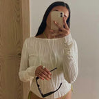 Woman Fashion Casual Ruched Long Sleeve T-shirt Blouses Female White Skinny Cropped Bottoming Shirt 2024 Autumn Y2K Top Clothes