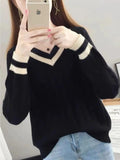 Woman Clothes Black V Neck Sweater Contrast Color Trim on Collar Cuffs Ideal for Casual Outings Office Days Trendy Layering