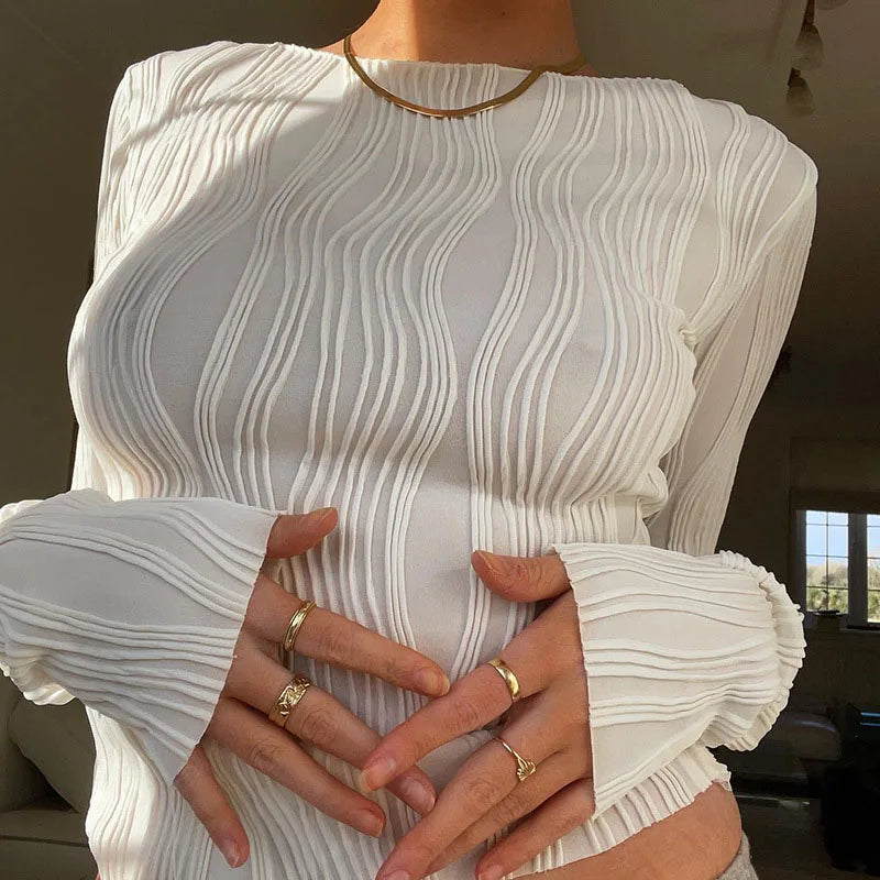 Woman Fashion Casual Ruched Long Sleeve T-shirt Blouses Female White Skinny Cropped Bottoming Shirt 2024 Autumn Y2K Top Clothes