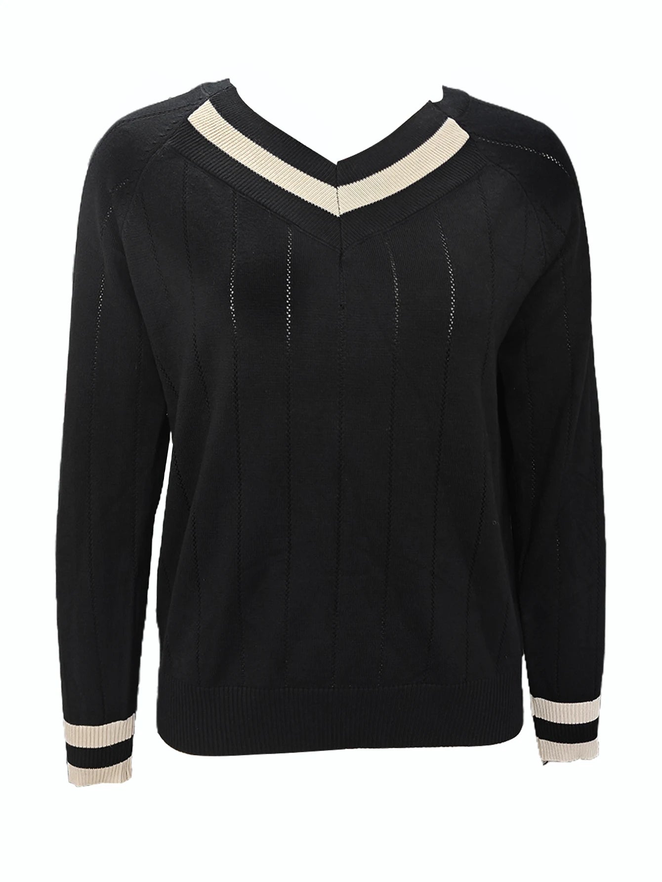 Woman Clothes Black V Neck Sweater Contrast Color Trim on Collar Cuffs Ideal for Casual Outings Office Days Trendy Layering