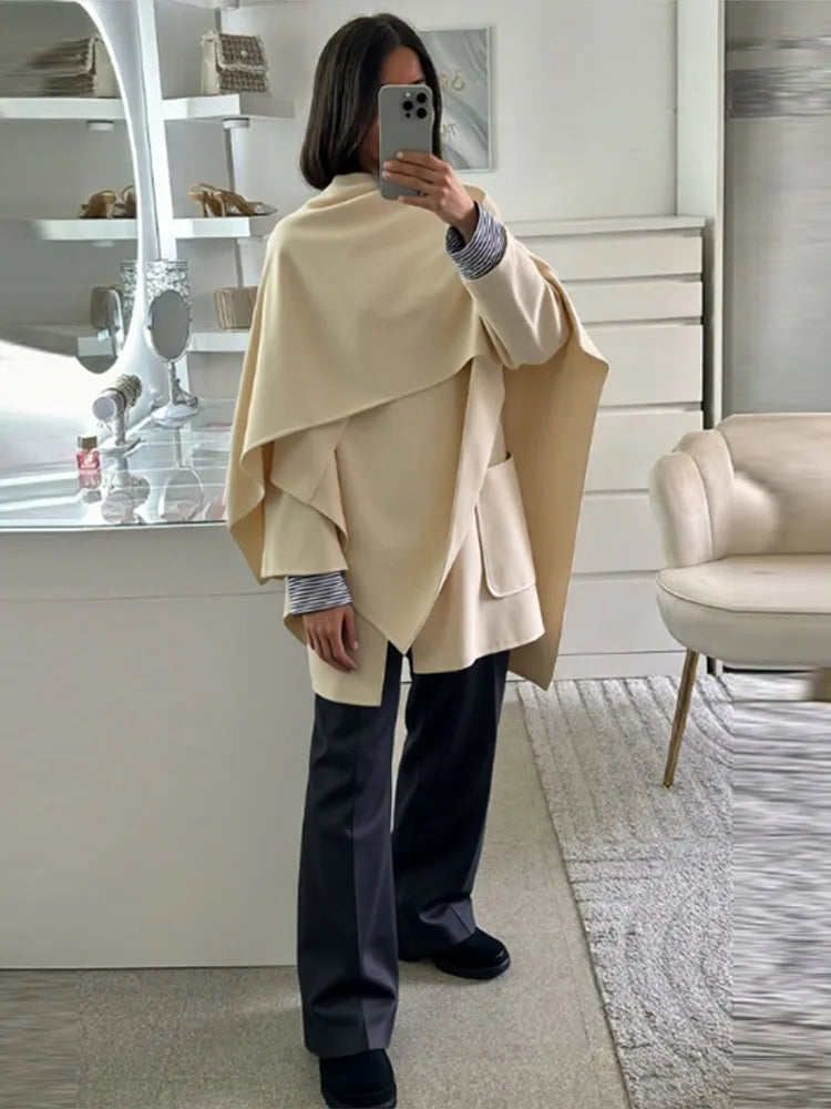 Wool Blended Cloak Coats For Women Loose Jackets Asymmetric Style Fashion Tops Chic  Outwear Autumn Woman High Street Clothes