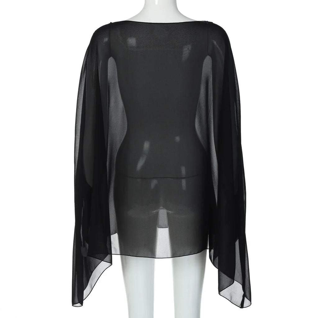 Woman Clothes See-through Chiffon Blouses Sexy Fashion Solid Cover-ups Ladies Elegant Night Club Tops White Black Streetwear