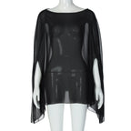 Woman Clothes See-through Chiffon Blouses Sexy Fashion Solid Cover-ups Ladies Elegant Night Club Tops White Black Streetwear