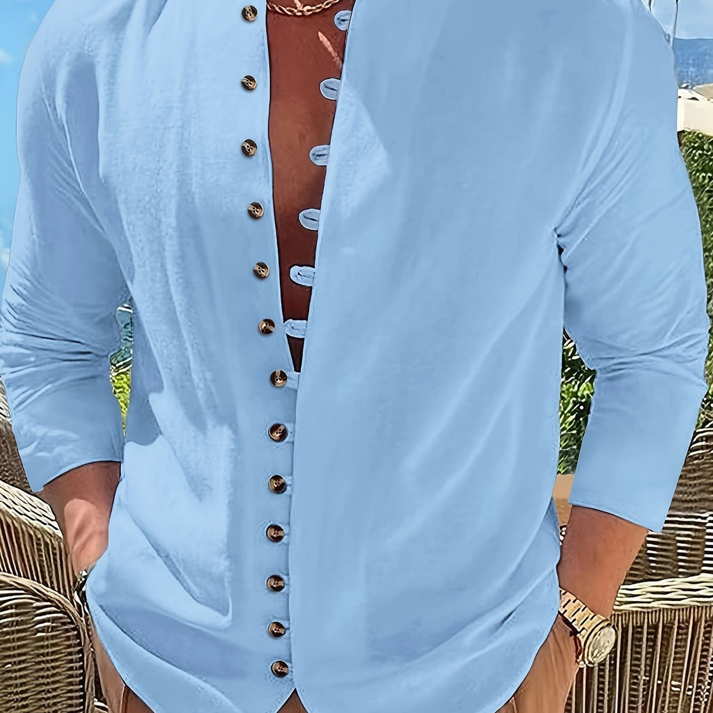 Retro Style Men's Casual Solid Long Sleeve Shirt, Men's Clothes For Spring Summer Autumn, Tops For Men