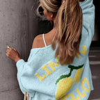 Women'S Lemon Print V-Neck Cardigan - Casual Elegant Fall Winter Sweater with Color Block Design, Soft Warm Pullover for Casual Attire, Versatile Layering Piece, Cozy Clothing | Vneck Sweater | Construction, Sweater Cardigan,