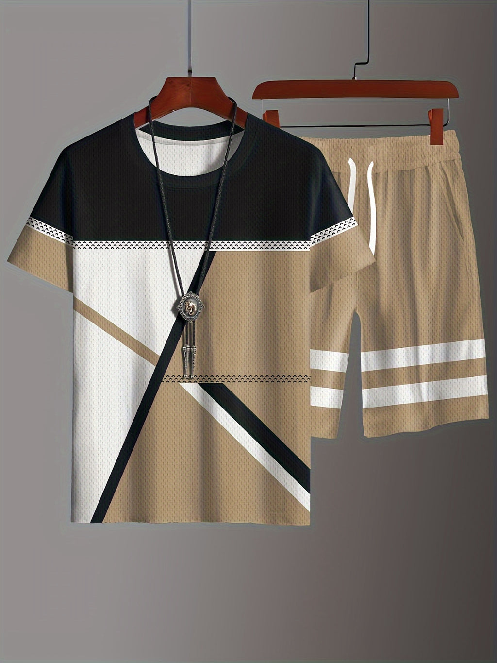 2pcs Geometric Pattern Print Casual co ord set For Men, Stylish T-shirt & Elastic Waist Shorts, Men's Clothes