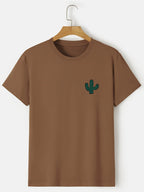 Plus Size Cactus Logo Graphic Print, Men's Crew Neck Short Sleeve T-shirts, Loose Shirts For Outdoor Activities, Men's Clothes For Spring And Summer