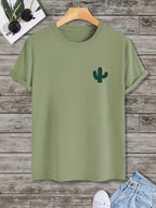 Plus Size Cactus Logo Graphic Print, Men's Crew Neck Short Sleeve T-shirts, Loose Shirts For Outdoor Activities, Men's Clothes For Spring And Summer