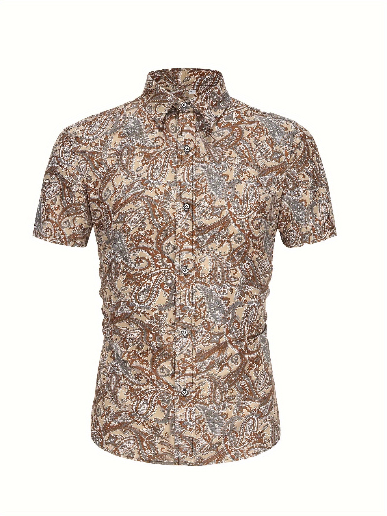 Men's Vacation Style Paisley Pattern Shirt, Casual Button Front Short Sleeve Top, Men's Clothes
