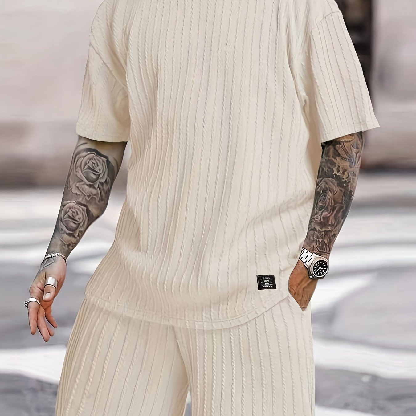 2pcs Men's Stylish Jacquard Drop-Shoulder T-shirt & Casual Shorts Set, Men's Clothes For Summer Daily Wear/Holiday/Beach/Party