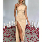 Elegant Ladies Long Dress, Sexy One Shoulder High Split Cocktail Wedding Party Dress, Satin Premium With Texture, Suitable For All Occasions Women'S Clothes