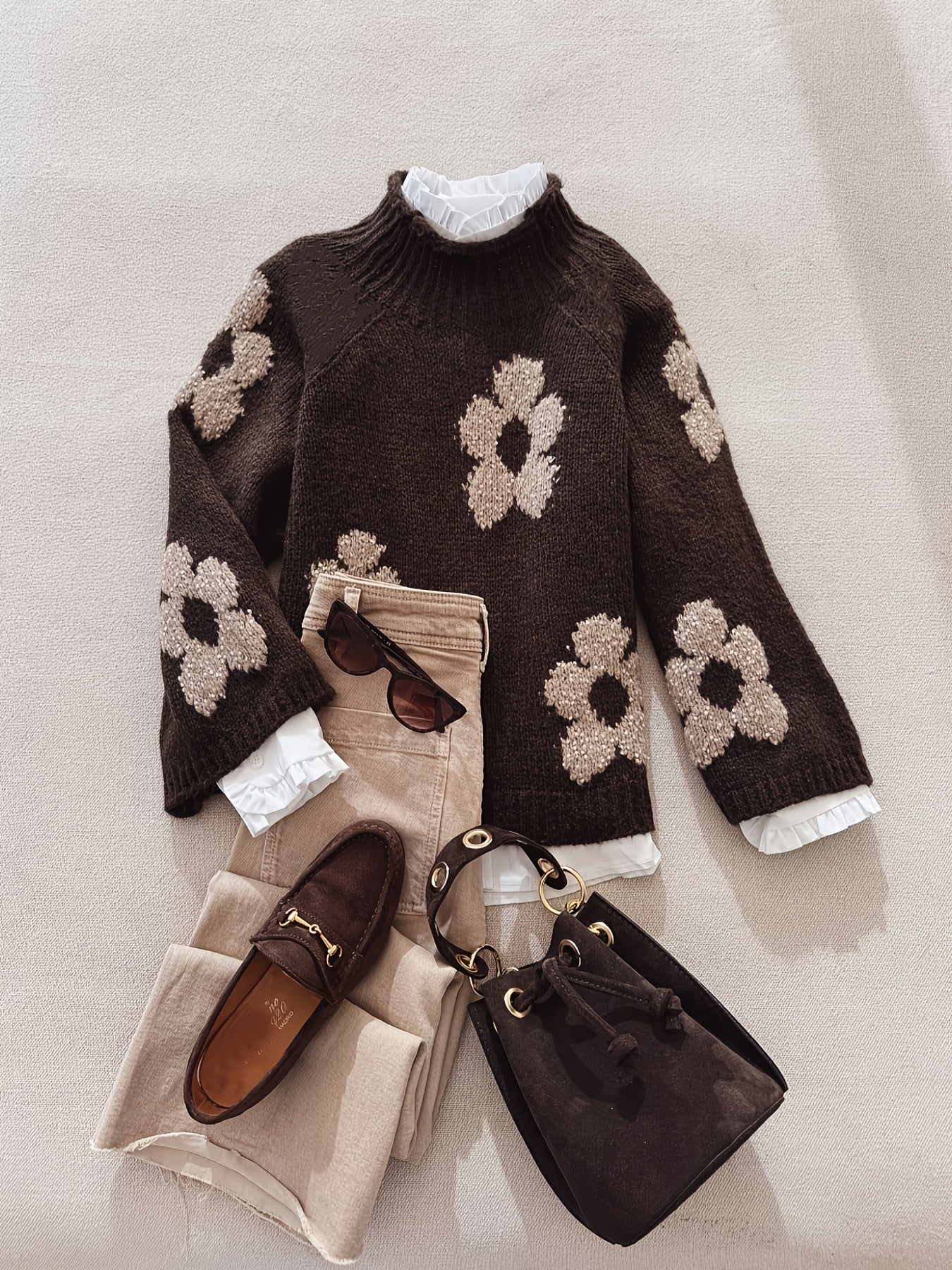 Fashion Flower Pattern Pullover Long Sleeve Sweater Women's Tops Hot Soft Long Sleeve Beautiful Ladies Sweater Everyday Elegant Casual Commuting Premium Warm Material Construction Women's Clothes( of tops only)