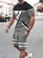 2pcs Geometric Pattern Print Casual co ord set For Men, Stylish T-shirt & Elastic Waist Shorts, Men's Clothes