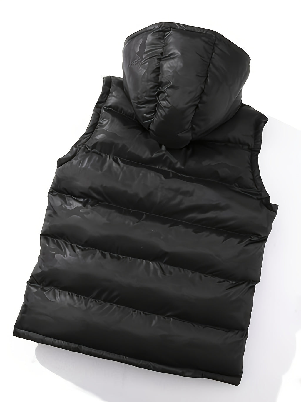 Men'S Plus Size Black Thick Hooded Casual Puffer Vest, Classic Zip Up Sleeveless Padded Outerwear For Winter Men'S Clothes Winter