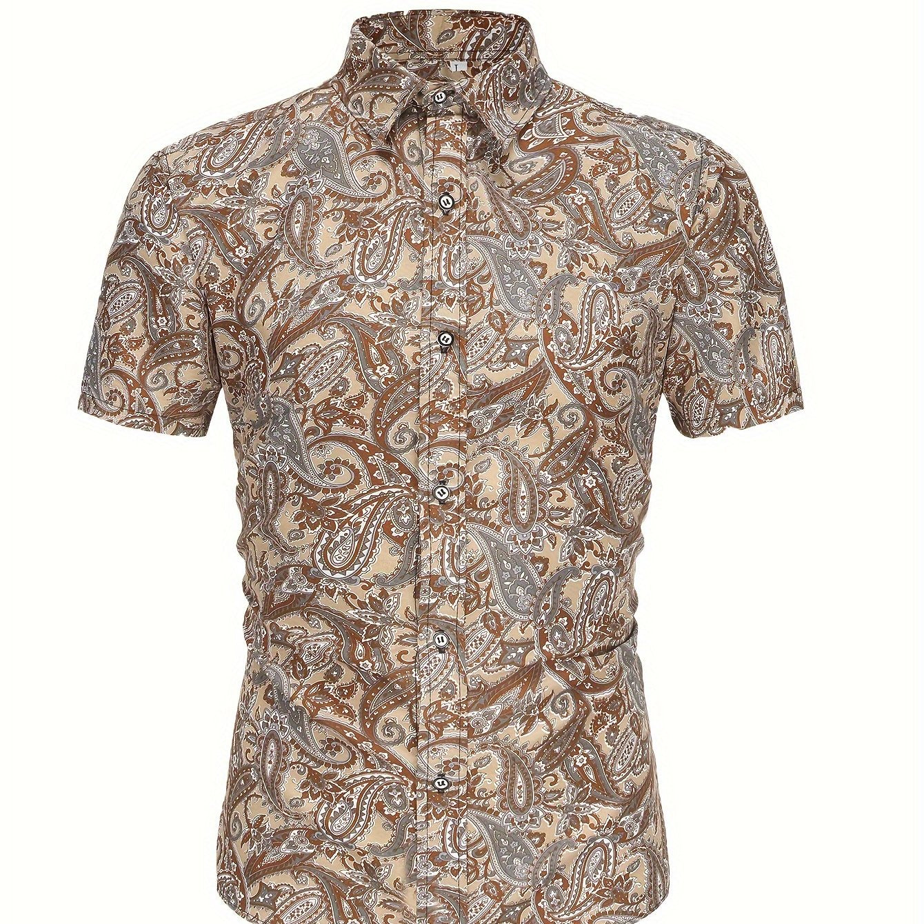 Men's Vacation Style Paisley Pattern Shirt, Casual Button Front Short Sleeve Top, Men's Clothes