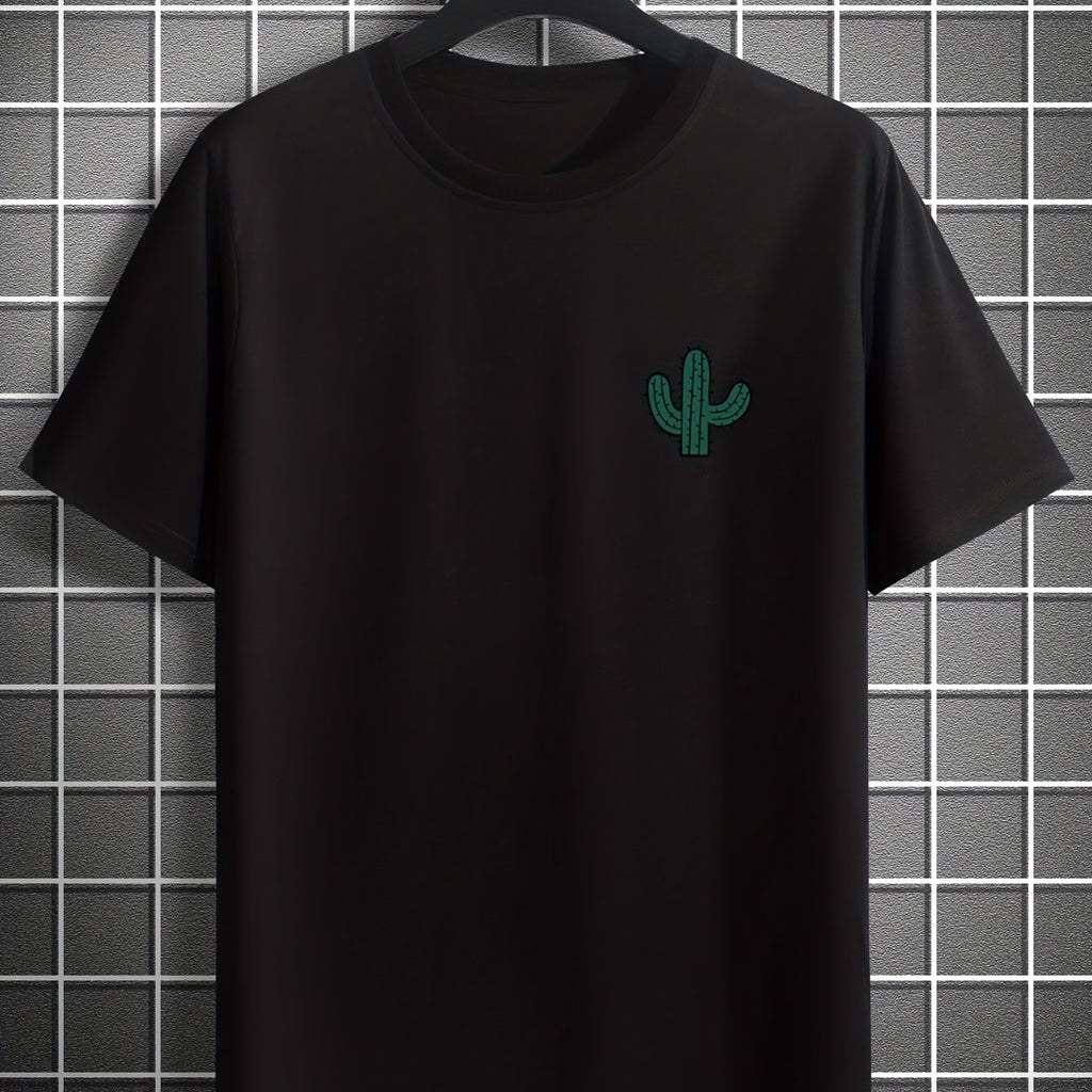 Plus Size Cactus Logo Graphic Print, Men's Crew Neck Short Sleeve T-shirts, Loose Shirts For Outdoor Activities, Men's Clothes For Spring And Summer