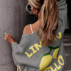 Women'S Lemon Print V-Neck Cardigan - Casual Elegant Fall Winter Sweater with Color Block Design, Soft Warm Pullover for Casual Attire, Versatile Layering Piece, Cozy Clothing | Vneck Sweater | Construction, Sweater Cardigan,