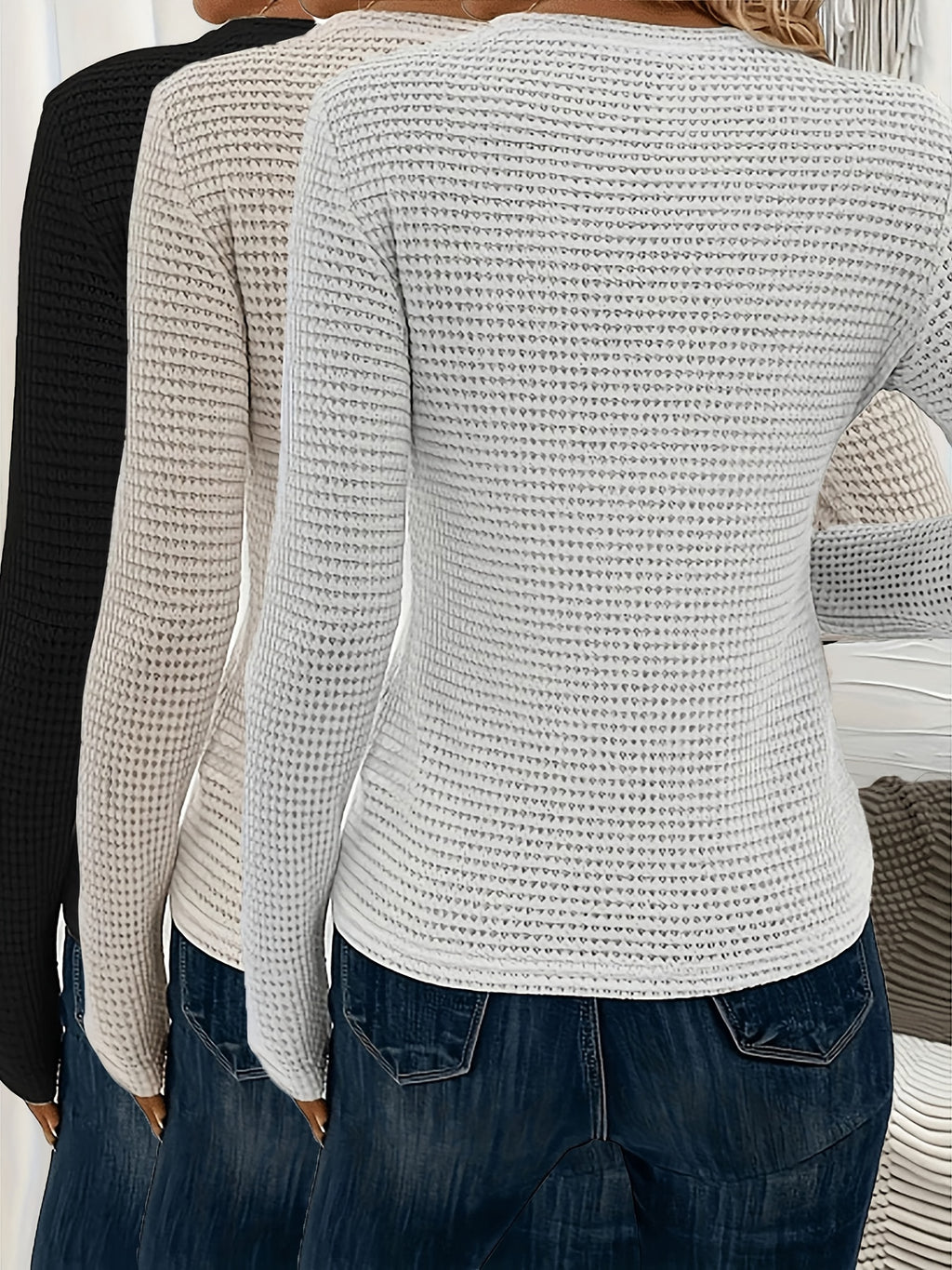 3pcs Women'S Waffle Texture Long Sleeve Crew Neck T-Shirts - Soft, Cozy Fall/Winter Tops in Beige, White & Light Gray, Casual & Stylish for Casual Attire, Casual Wear Tops | Crew Neck Tshirt | Construction, Ladies T Shirts, B