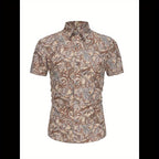 Men's Vacation Style Paisley Pattern Shirt, Casual Button Front Short Sleeve Top, Men's Clothes