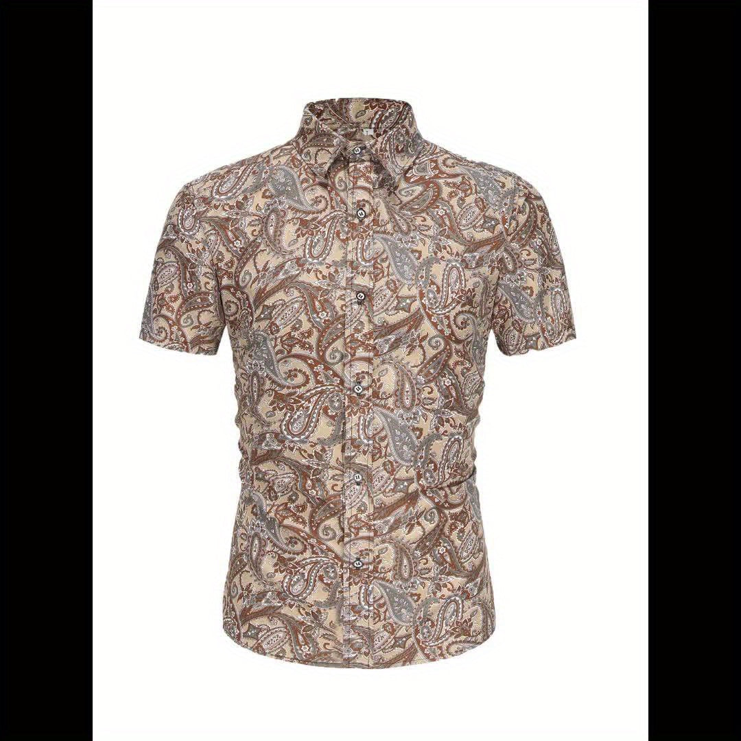 Men's Vacation Style Paisley Pattern Shirt, Casual Button Front Short Sleeve Top, Men's Clothes