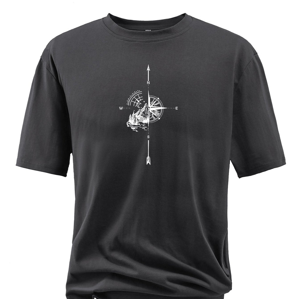 Plus Size Compass And Mountain Graphic Print, Men's Crew Neck Short Sleeve T-shirts, Loose Shirts For Outdoor Activities, Men's Clothes
