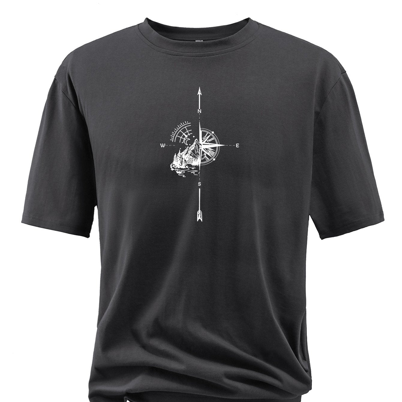Plus Size Compass And Mountain Graphic Print, Men's Crew Neck Short Sleeve T-shirts, Loose Shirts For Outdoor Activities, Men's Clothes