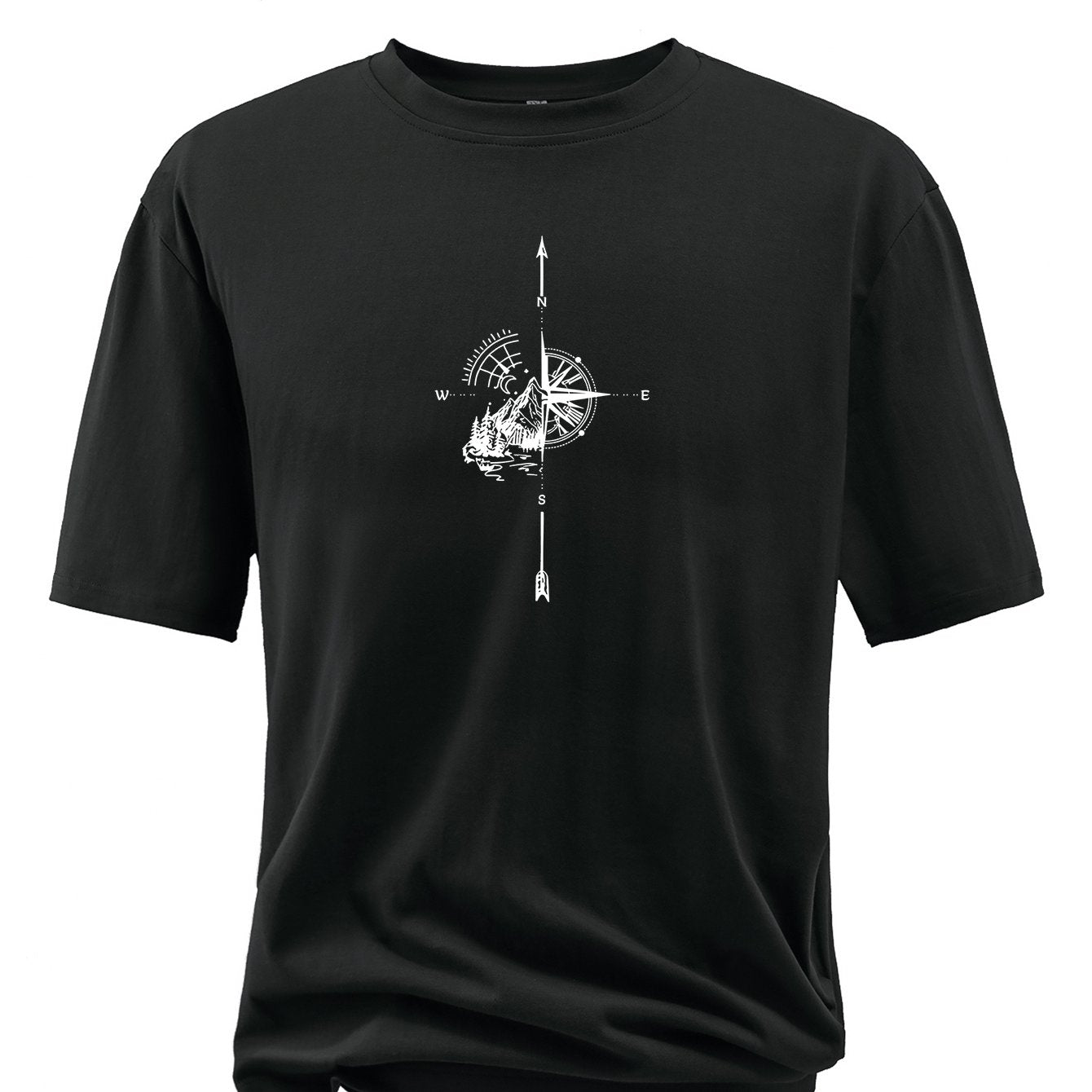 Plus Size Compass And Mountain Graphic Print, Men's Crew Neck Short Sleeve T-shirts, Loose Shirts For Outdoor Activities, Men's Clothes