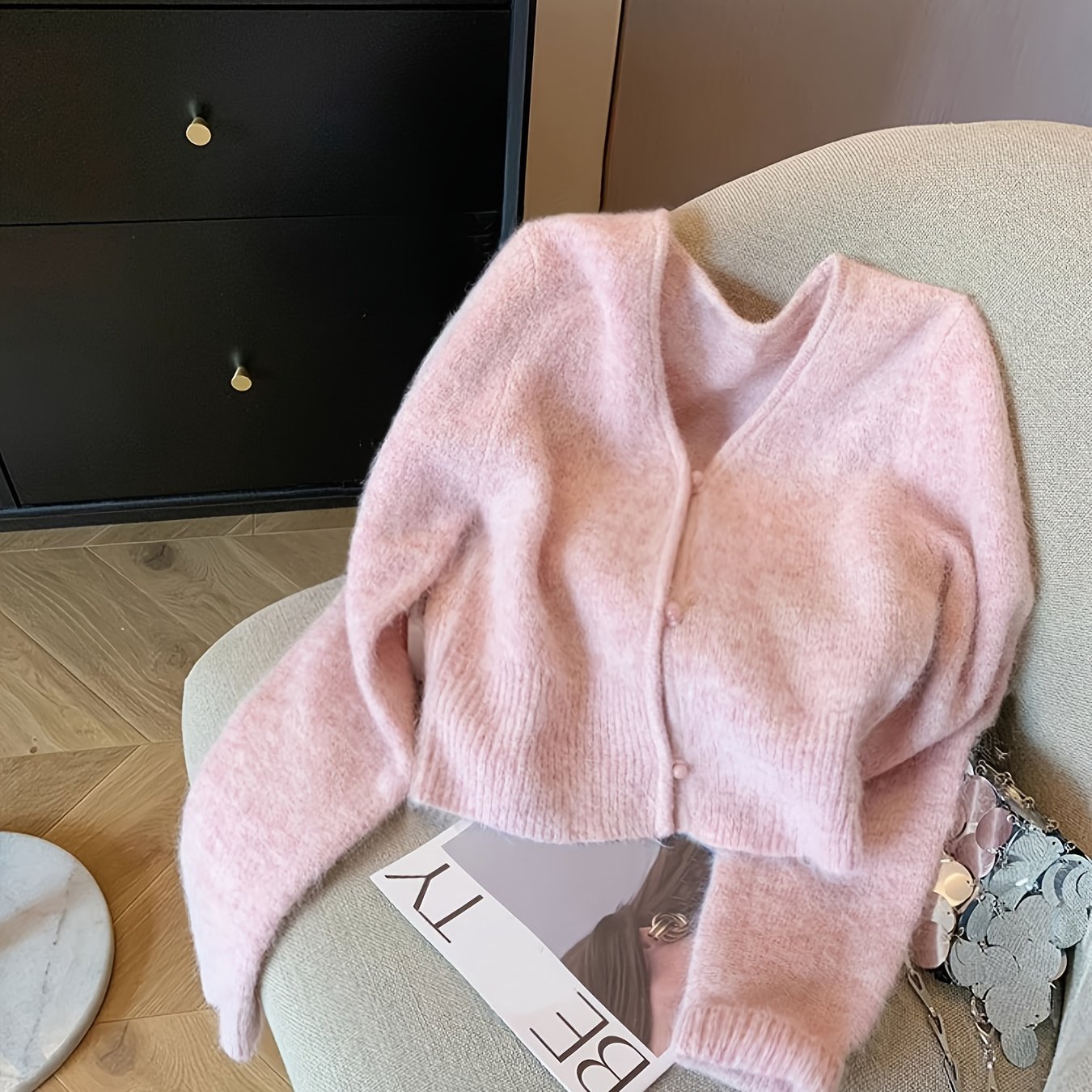 ELEGANTSUT Women'S French-Inspired V-Neck Cardigan - Soft Short Sleeve Open Front Sweater with Button Details, Chic Fall/Winter Layering Piece for Casual or Dressy Outfits, Cute Sweater, Cardigan For Women, Sweater For Women,