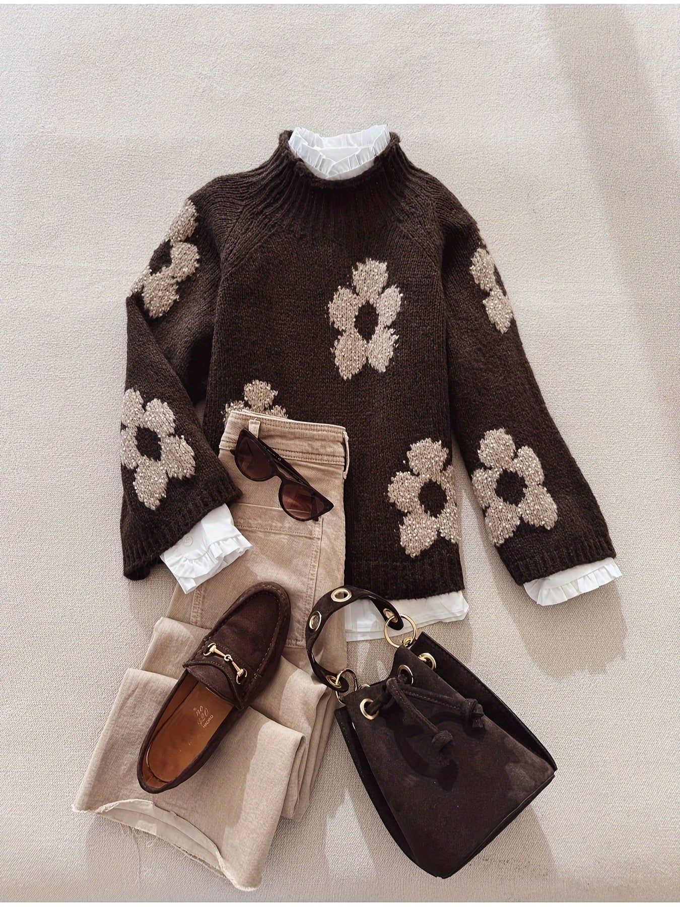 Fashion Flower Pattern Pullover Long Sleeve Sweater Women's Tops Hot Soft Long Sleeve Beautiful Ladies Sweater Everyday Elegant Casual Commuting Premium Warm Material Construction Women's Clothes( of tops only)