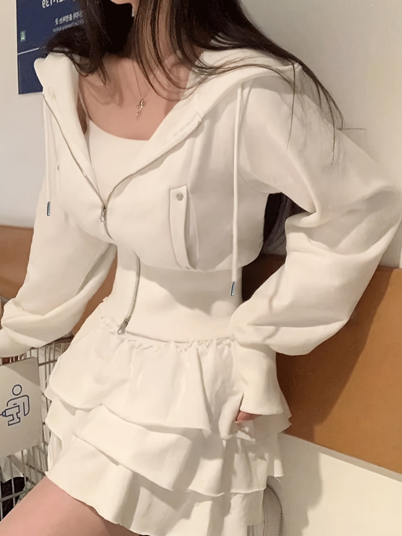 Women'S Slim-Fit Hooded Zip-Up Sweatshirt - Casual Long Sleeve Pullover with Drawstring Hood, Solid Color, Regular Length, Autumn/Winter Fashion, Korean & Japanese Style, Autumn Winter Apparel | Trendy Casual Hoodie | Smooth