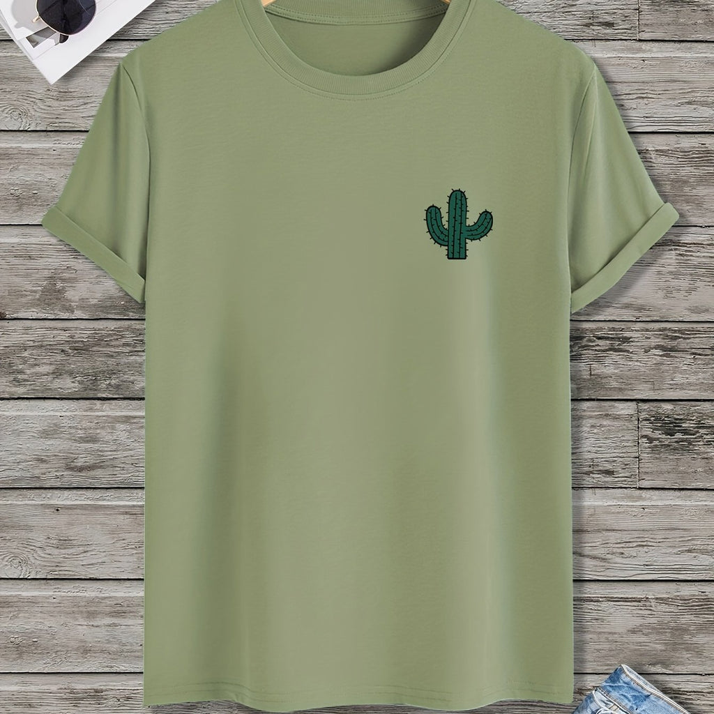 Plus Size Cactus Logo Graphic Print, Men's Crew Neck Short Sleeve T-shirts, Loose Shirts For Outdoor Activities, Men's Clothes For Spring And Summer