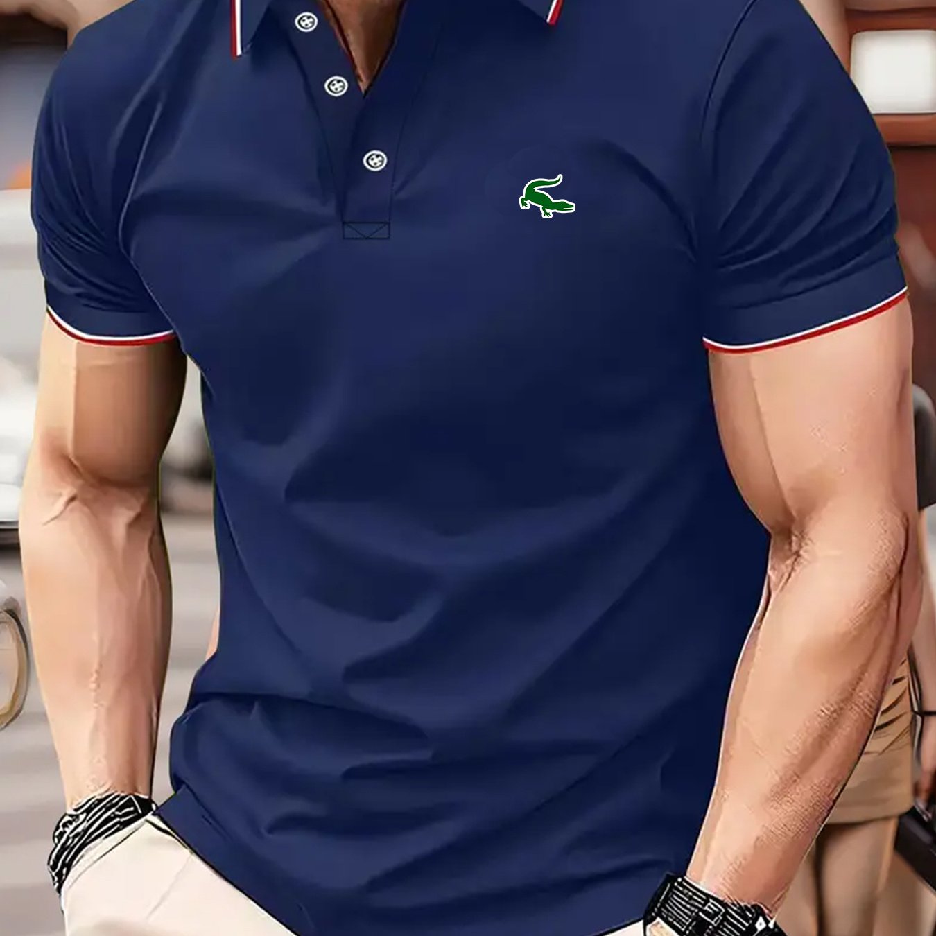 Green Crocodile Graphic Print Men's Casual V-neck T-shirt Short Sleeve Summer Men's Clothes Comfortable Breathable Regular Fit Golf Polo Shirt Button Down